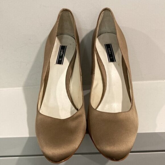 Zara Tan Satin Pumps Block Heels 37 - Picture 3 of 14